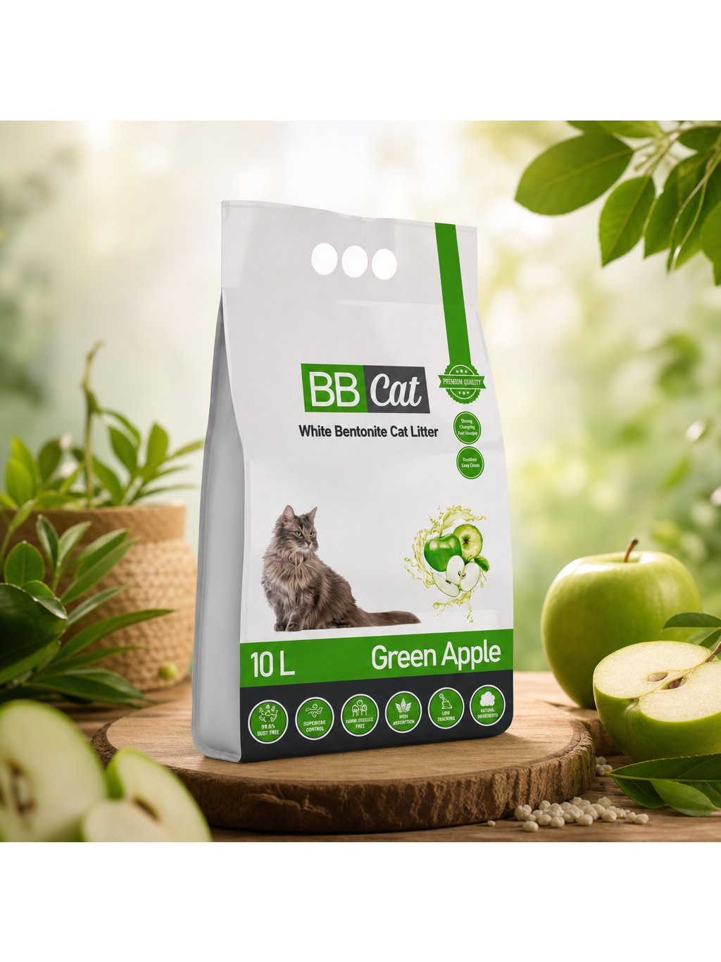 Balto bentonito kraikas Žaliojo obuolio kvapo BB Cat, 10 L / 8,4 kg Balto bentonito kraikas Žaliojo obuolio kvapo BB Cat, 10 L / 8,4 kg