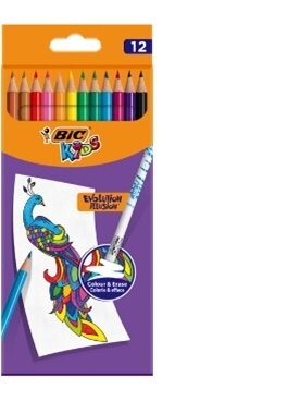 BIC Spalvoti pieštukai su trintuku Kids Evolution Illusion 12 spalvų rinkinys BIC Spalvoti pieštukai su trintuku Kids Evolution Illusion 12 spalvų rinkinys