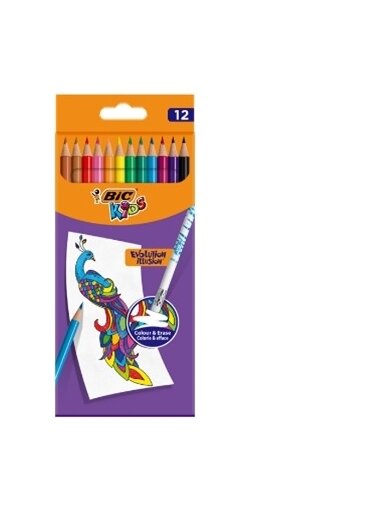 BIC Spalvoti pieštukai su trintuku Kids Evolution Illusion 12 spalvų rinkinys