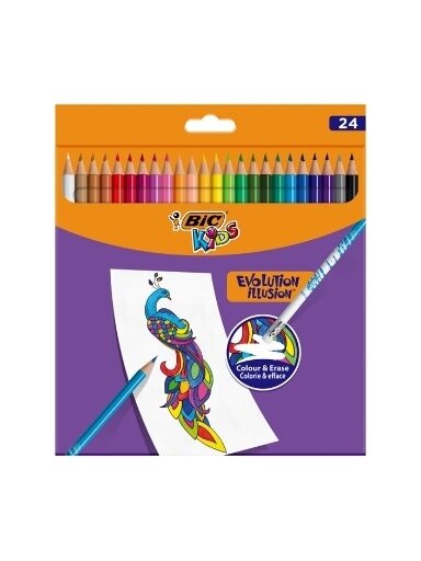 BIC Spalvoti pieštukai su trintuku Kids Evolution Illusion 24 spalvų rinkinys
