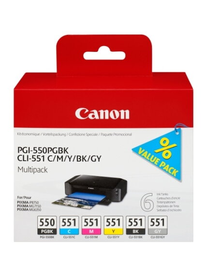 Canon PGI-550/CLI-551 (6496B005) Rašalinių kasečių komplektas, PGBK/C/M/Y/BK/GY Canon PGI-550/CLI-551 (6496B005) Rašalinių kasečių komplektas, PGBK/C/M/Y/BK/GY