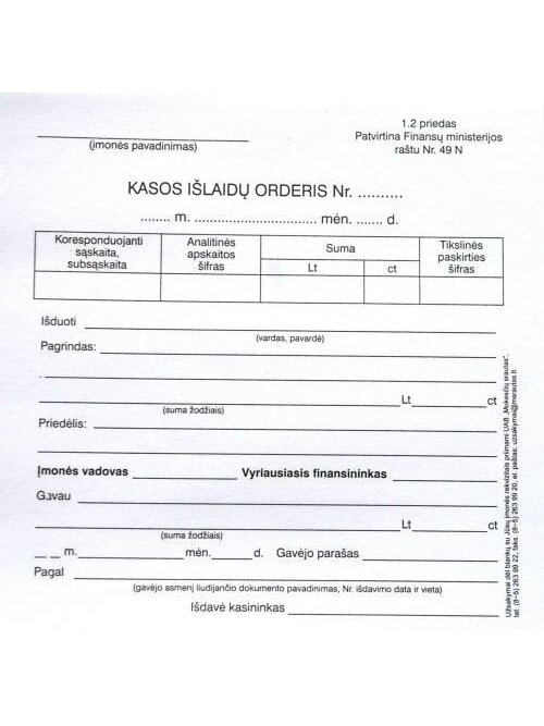 Kasos išlaidų orderiai, A6 (100) 0720-034 Kasos išlaidų orderiai, A6 (100) 0720-034