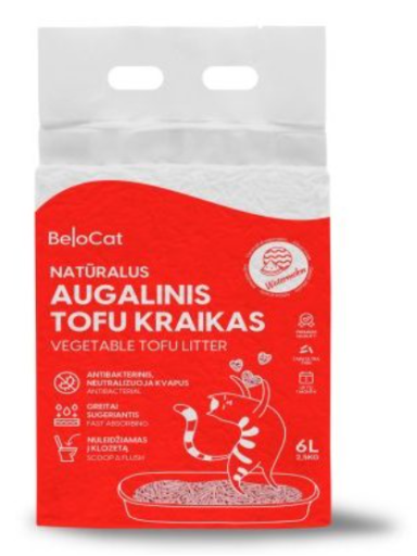 Kraikas katėms TOFU augalinis, arbūzų kvapo 6L / 2,5Kg. Kraikas katėms TOFU augalinis, arbūzų kvapo 6L / 2,5Kg.