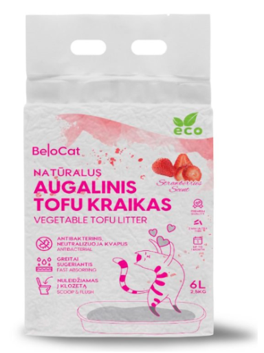 Kraikas katėms TOFU augalinis, braškių kvapo 6L / 2,5Kg. Kraikas katėms TOFU augalinis, braškių kvapo 6L / 2,5Kg.