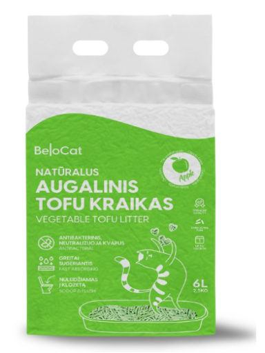 Kraikas katėms TOFU augalinis, obuolių kvapo 6L / 2,5Kg. Kraikas katėms TOFU augalinis, obuolių kvapo 6L / 2,5Kg.