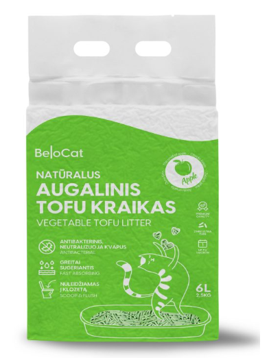 Kraikas katėms TOFU augalinis, obuolių kvapo 6L / 2,5Kg. Kraikas katėms TOFU augalinis, obuolių kvapo 6L / 2,5Kg.