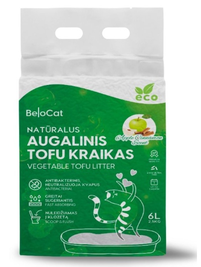Kraikas katėms TOFU augalinis, obuolių su cinamonu kvapo 6L / 2,5Kg. Kraikas katėms TOFU augalinis, obuolių su cinamonu kvapo 6L / 2,5Kg.