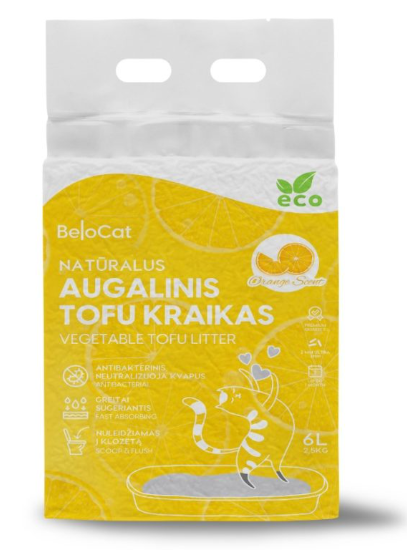 Kraikas katėms TOFU augalinis, apelsinų kvapo 6L / 2,5Kg. Kraikas katėms TOFU augalinis, apelsinų kvapo 6L / 2,5Kg.