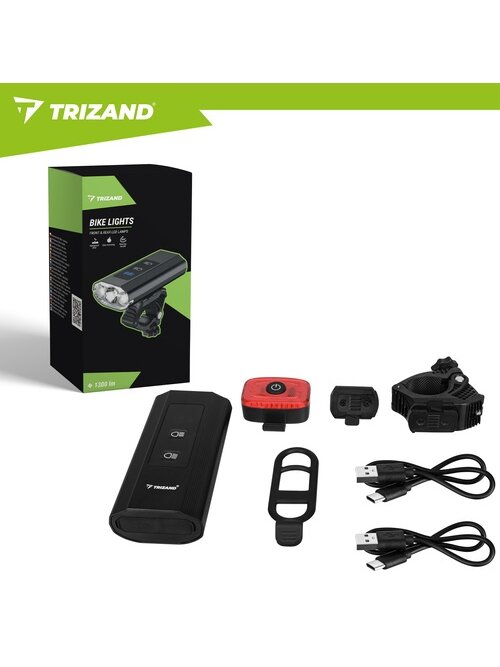 LED 1300 lm dviračio žibintas + Trizand galinis žibintas 3 LED 1300 lm dviračio žibintas + Trizand galinis žibintas 3