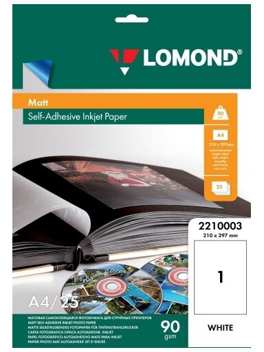 Lipnus popierius lipdukams Lomond Self Adhesive Inkjet Photo Paper Matinis A4, 25 lapai