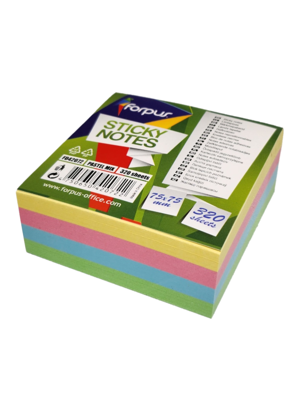 Lipnūs lapeliai Forpus, 75x75mm, 4-ių pastelinių spalvų miksas, kubas (1x320) Lipnūs lapeliai Forpus, 75x75mm, 4-ių pastelinių spalvų miksas, kubas (1x320)