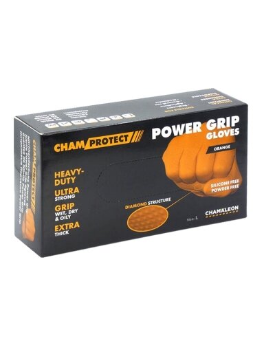 Nitrilo pirštinės Power grip L , oranžinės (50vnt.) CHAMAELEON Nitrilo pirštinės Power grip L , oranžinės (50vnt.) CHAMAELEON