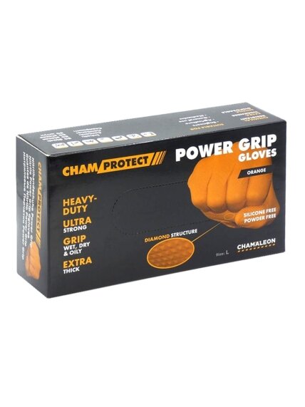 Nitrilo pirštinės Power grip L , oranžinės (50vnt.) CHAMAELEON Nitrilo pirštinės Power grip L , oranžinės (50vnt.) CHAMAELEON
