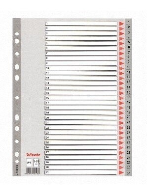 Skiriamieji lapai Esselte PP, A4, 1-31 skaičiai, plastikiniai Skiriamieji lapai Esselte PP, A4, 1-31 skaičiai, plastikiniai
