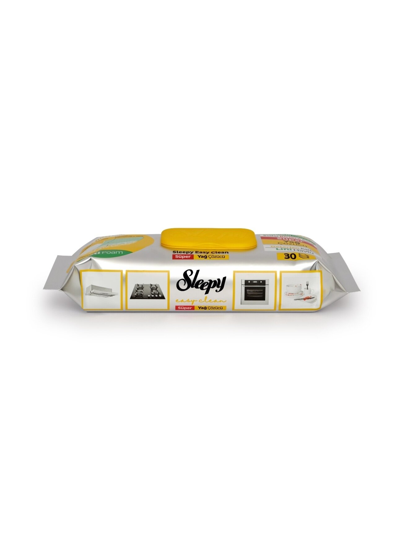 Drėgnos servetėlės Sleepy Easy Clean Acti-Foam riebalams šalinti, geltonas dangtelis (pakuotėje 30vnt). 1