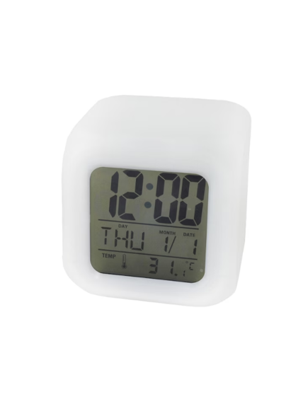 Spalvą keičiantis žadintuvas Iso Trade, LCD, 7,5x7,5 cm, baltas Spalvą keičiantis žadintuvas Iso Trade, LCD, 7,5x7,5 cm, baltas