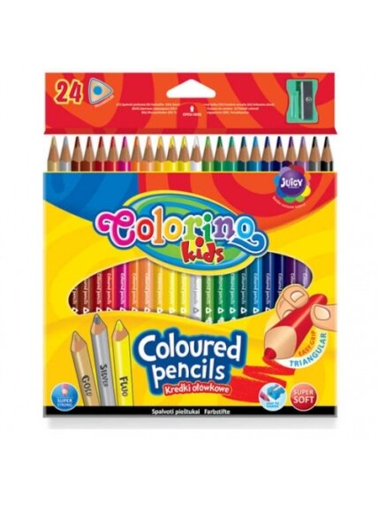Spalvoti pieštukai Colorino Kids trikampiai 24 spalvų, su drožtuku Spalvoti pieštukai Colorino Kids trikampiai 24 spalvų, su drožtuku