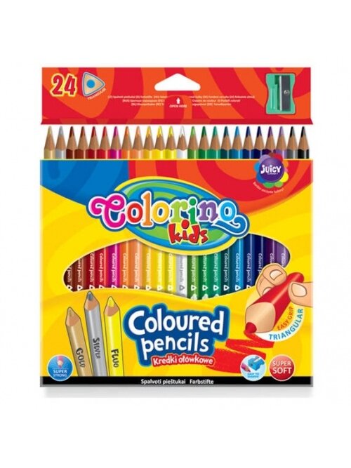 Spalvoti pieštukai Colorino Kids trikampiai 24 spalvų, su drožtuku Spalvoti pieštukai Colorino Kids trikampiai 24 spalvų, su drožtuku