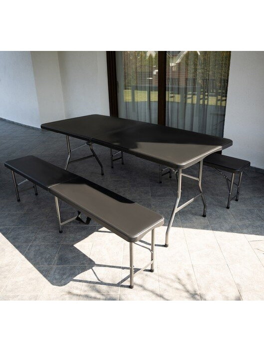 Sulankstomas sodo stalas 180 cm + 2 suolai - juodi 11